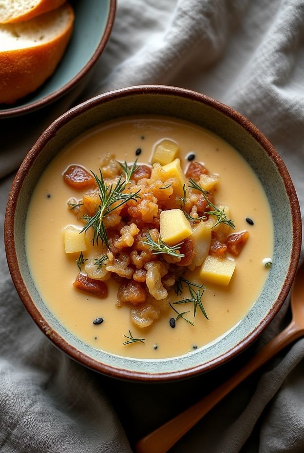 A comforting bowl of Vegan Caramelized Cabbage & Caraway Soup, garnished with fresh herbs and served with crusty bread.