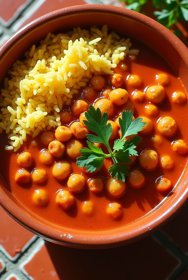 Vegan Smoked Paprika & Chickpea Stew served with saffron rice, packed with flavor and nutrients.