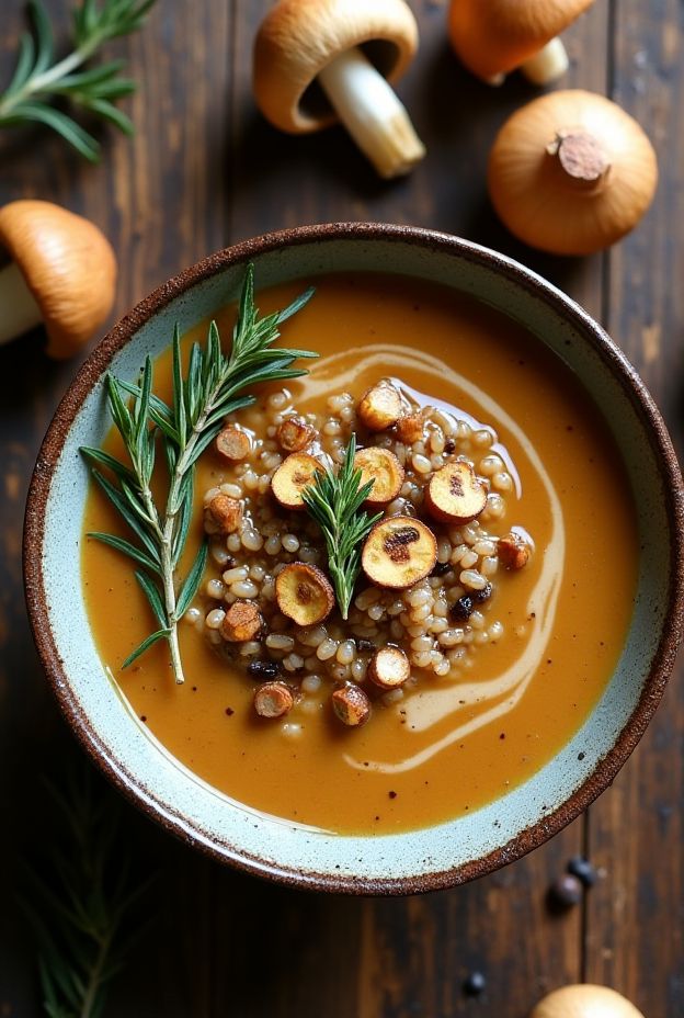 Vegan Wild Rice & Chanterelle Soup garnished with herbs in a rustic bowl.