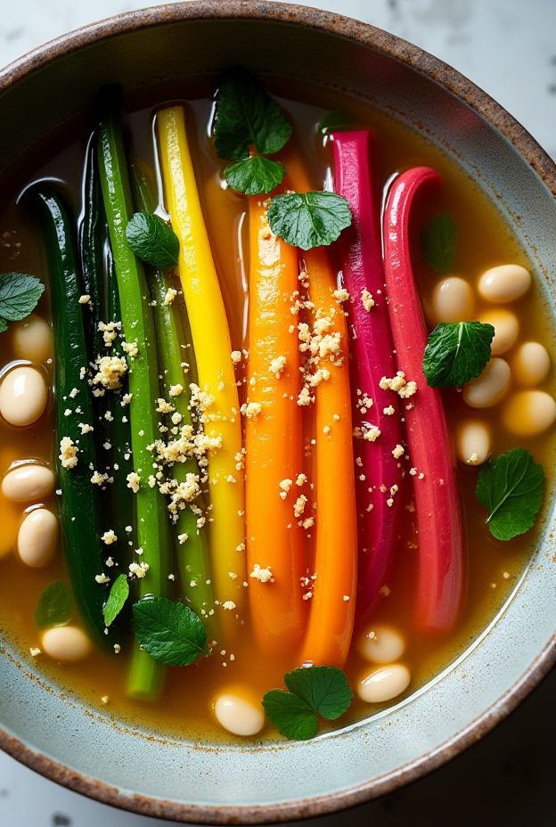 Nutrient-rich Rainbow Chard & White Bean Soup with colorful chard, white beans, garlic, and lemon zest in a bowl.