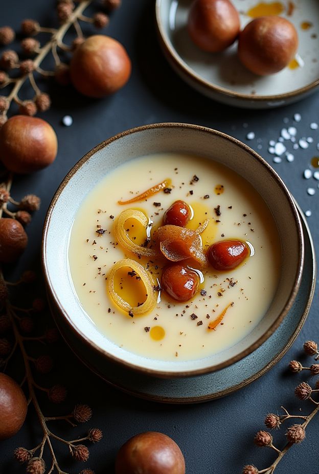 A creamy bowl of winter roasted chestnut and celery root soup topped with chestnuts and truffle oil.